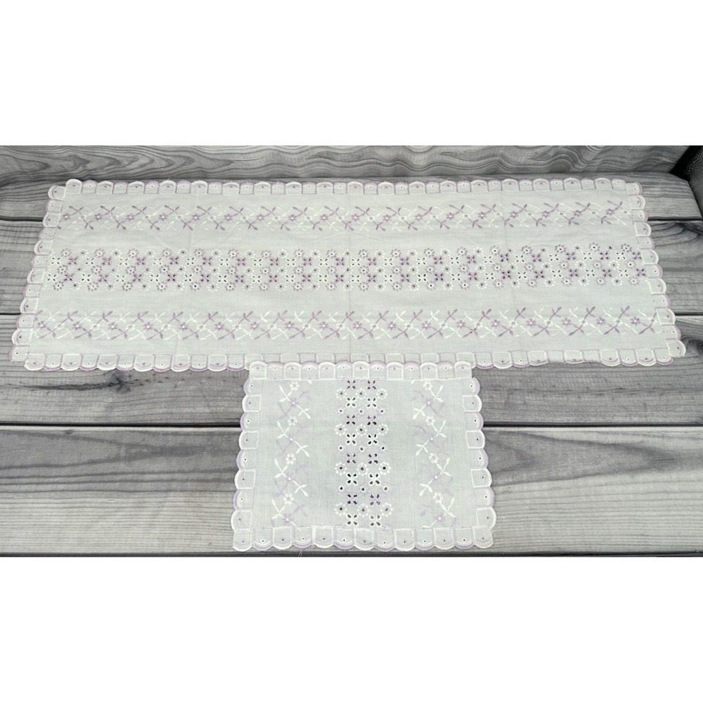 2 VINTAGE EMBROIDERED EYELET TABLE / DRESSER SCARF - WHITE / LAVENDER *16